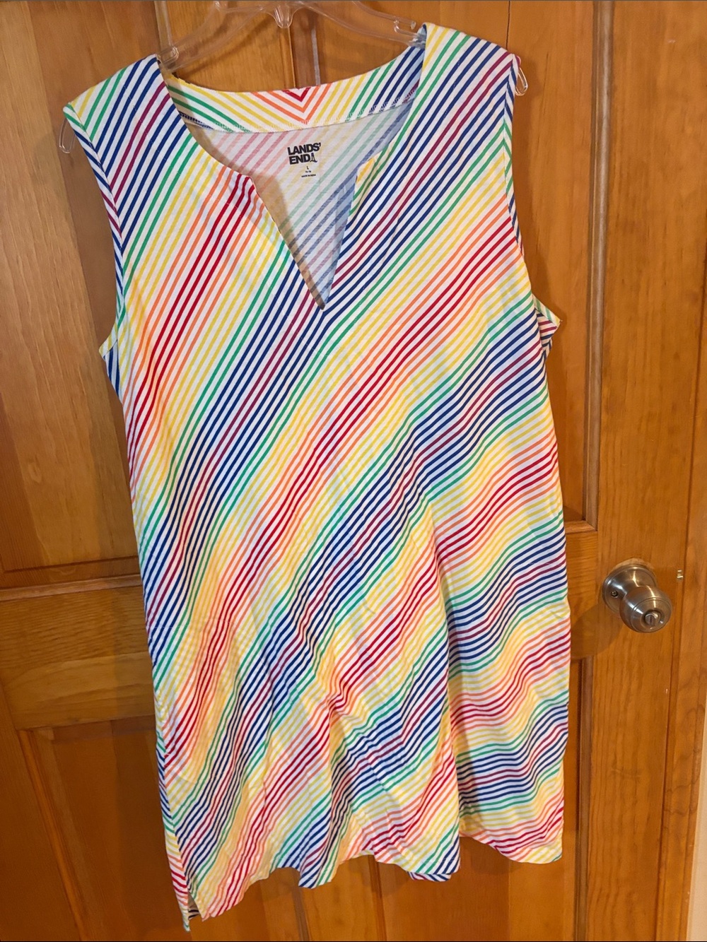 Lands' End Sleeveless Rainbow Stripe V-Neck Dress